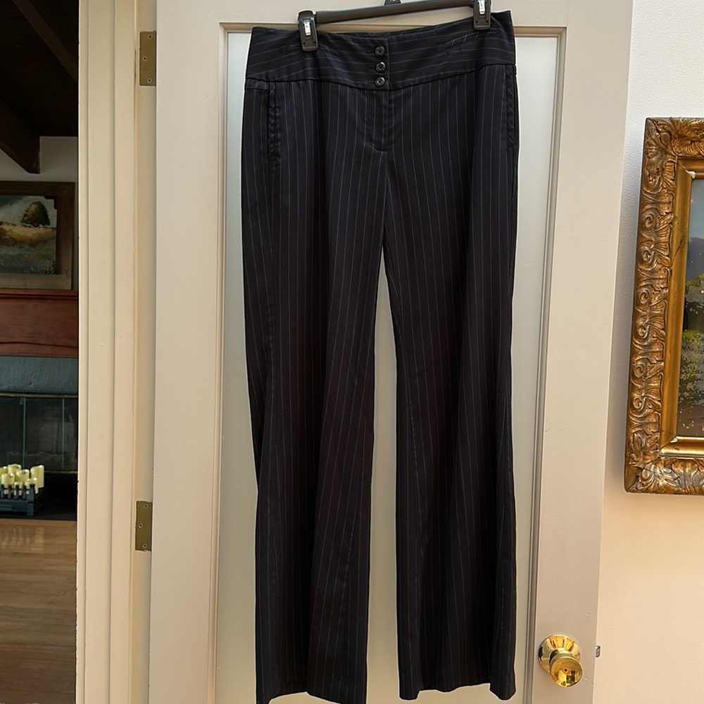 CAbi black dress pants with cobalt blue pinstripe